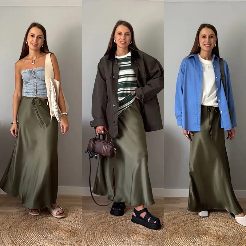 Brown Long Satin Skirts Women Luxury Maxi Autumn Summer High Waist Silk Black Skirt Long Straight Shining Beige Satin Skirt Maxi
