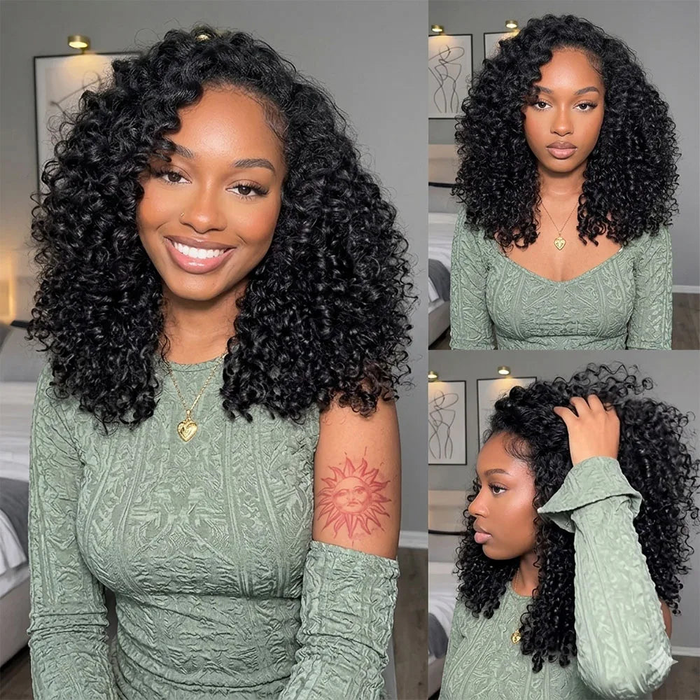 250 Density Burmese Curly Half Wig Glueless Human Hair Ready to Wear 3 IN 1 Half Wig With Drawstring Seamless Clip Ins Flip Over