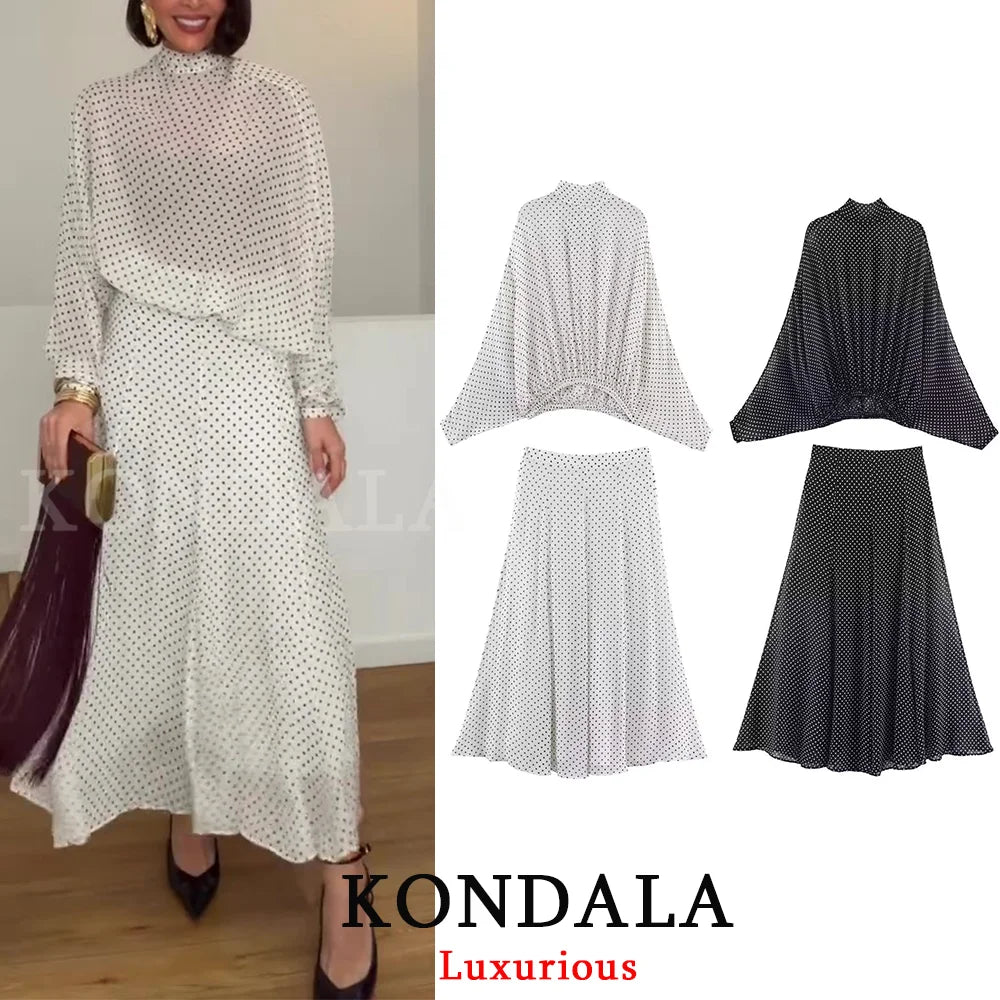 Vintage Polka Dot Women Sets Chiffon Bow Tie Loose Blouses Loose Long Skirts Fashion 2026 Spring Summer Holiday Suits