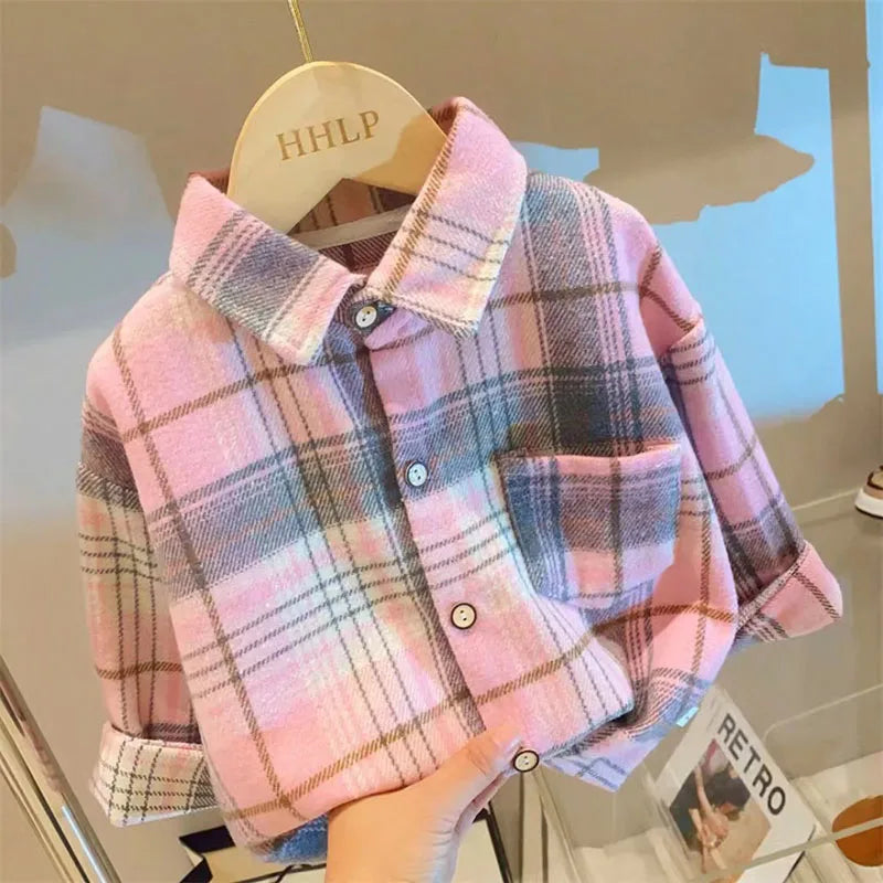 Kids' Retro Plaid Lapel Shirt – Boys & Girls Long Sleeve