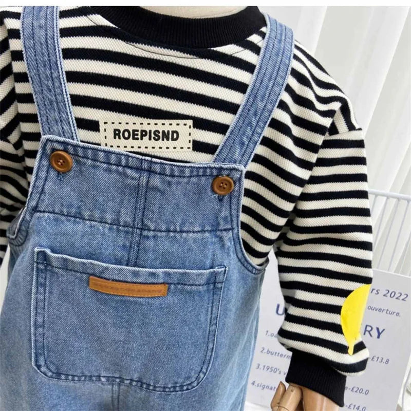 2025 Boys Overalls Girls Denim Backpack Children Solid Colour Pocket Trousers Kids Simple Fashion Casual Pant 2-8 Years Old