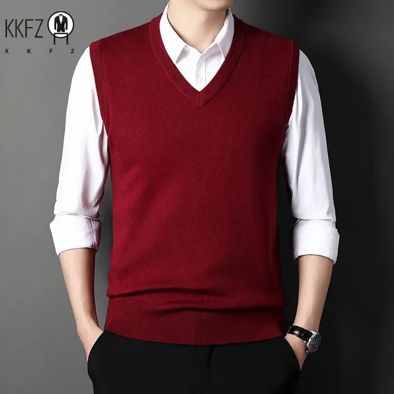 2026 Autumn Winter New Men's Solid Color V-neck Knitted Vest Casual Fashion Warm Sweater Versatile Top