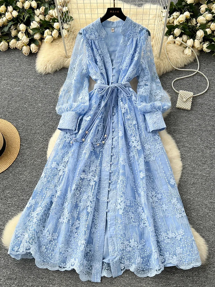 French Lace Embroidery V-Neck Lantern Sleeve Party Dress