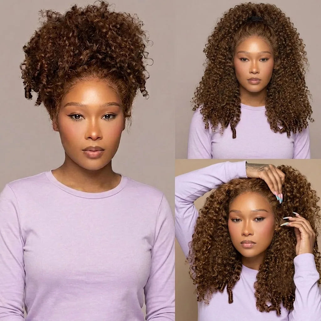 Chocolate Brown Burmese Curly Human Hair Wig Glueless Wig Invisible Drawstring 360 HD Full Lace Front Wig Human Hair Lace Wigs