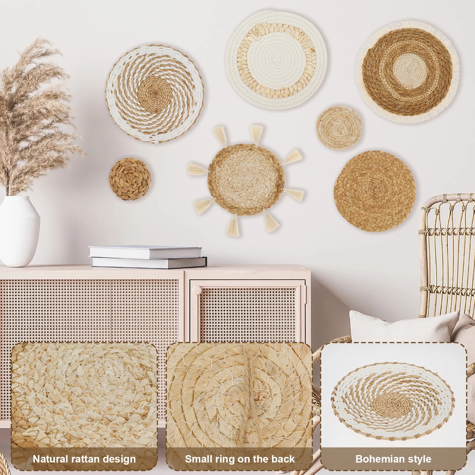 7-Piece Boho Rattan Woven Wall Basket Decor Set