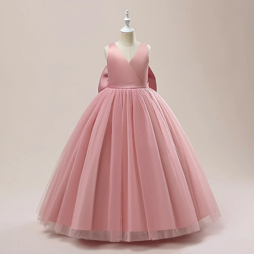 Girl Long White Bridesmaid Dresses For Wedding Prom Gown Big Bow Girls Party Dress Kids First Communiom Formal Evening Vestidos