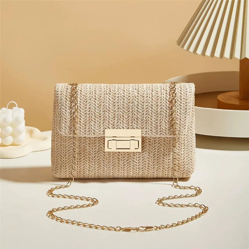Handwoven Straw Shoulder & Crossbody Bag – Lock Closure, 7 Colors