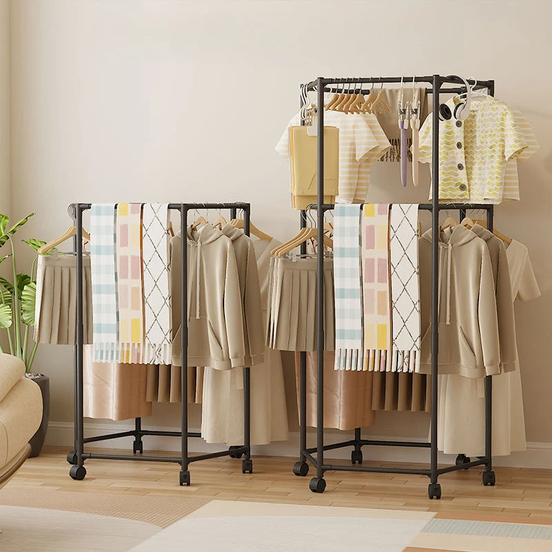 Movable Rotating Clothes Storage Rack Multifunctional Hexagon Organizer Shelf Metal Clothes Drying Rack Coat Hanger With Pulleys