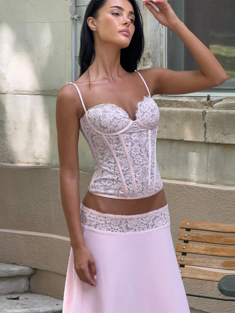 Delicate Lace Corset Cami Skirt Set Slim Fit Sleeveless 2026 Summer Romantic Women Two-Piece Trendy Coquette Causal Lady Outfit