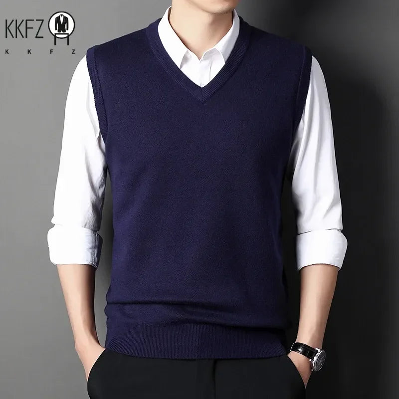 2026 Autumn Winter New Men's Solid Color V-neck Knitted Vest Casual Fashion Warm Sweater Versatile Top