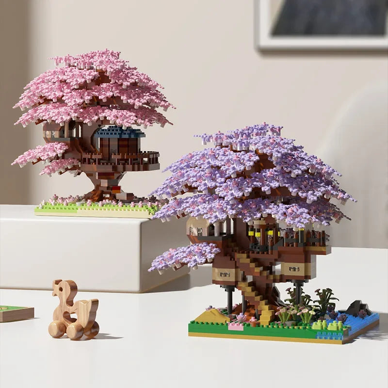 DIY Sakura Cherry Blossom Building Blocks Set with LED Light & Treehouse