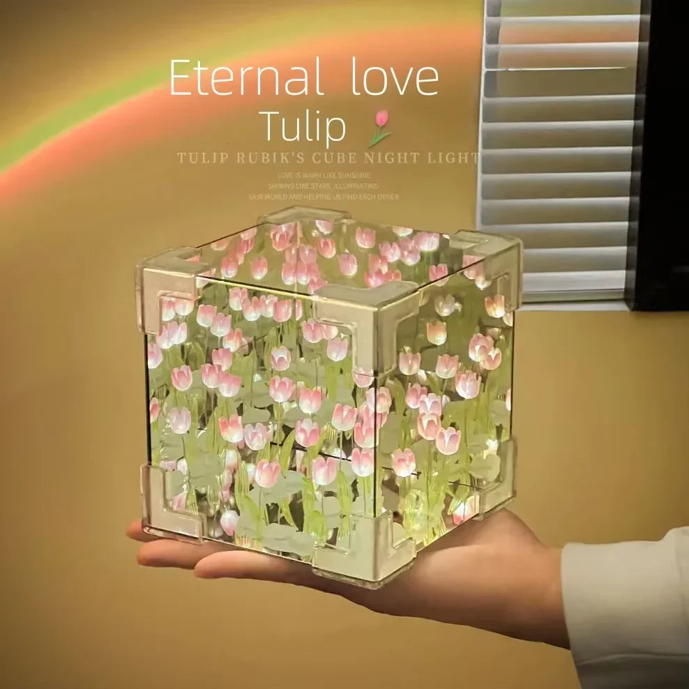 Creative DIY Tulip Flower Sea Cube Three-Dimensional Small Night Lamp Material Package for Girlfriend Couple Girlfriend Gift