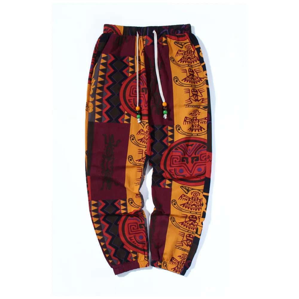 Men's Boho Tribal Print Linen Drawstring Jogger Pants