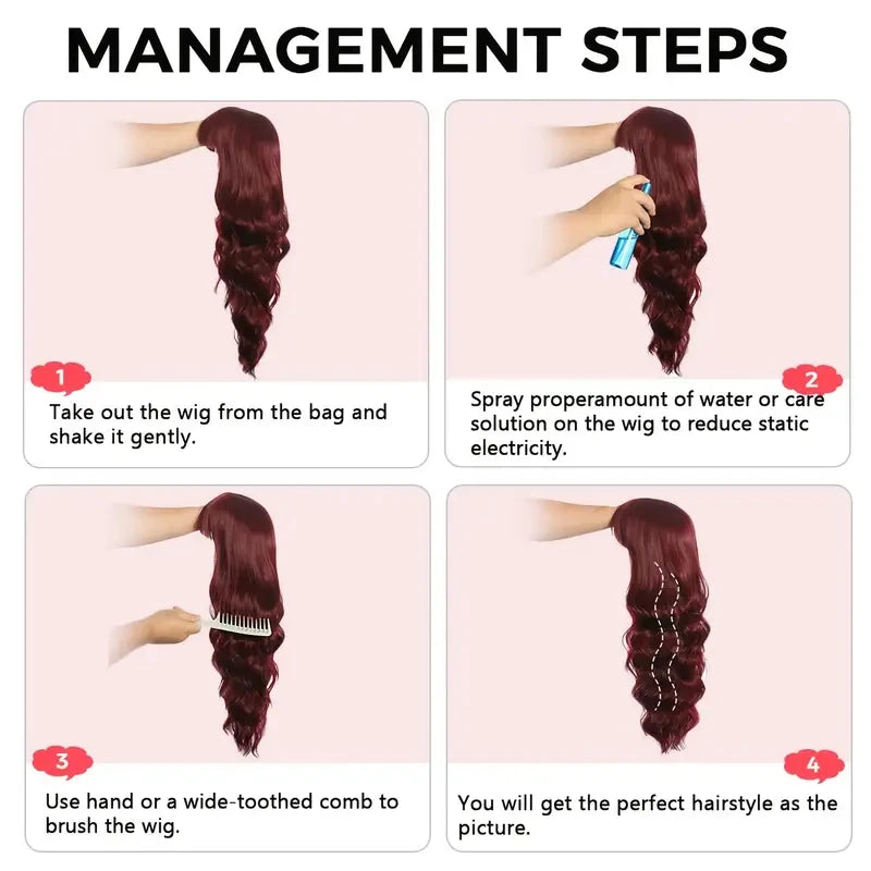 Red Wine Color Synthetic Wig with Long Curly Hair and Bangs for Daily Party Use. Made of High-Temperature Hair Fiber.