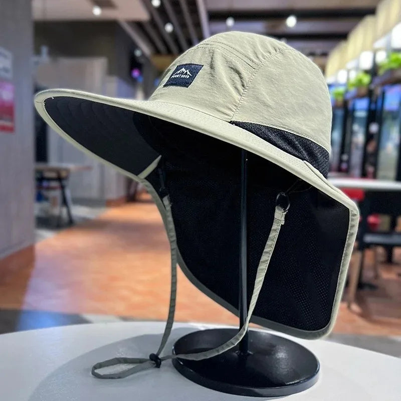 Outdoor Unisex Wide Brim Bucket Hat with Neck Flap Adjustable for Hiking Camping Fishing Wear