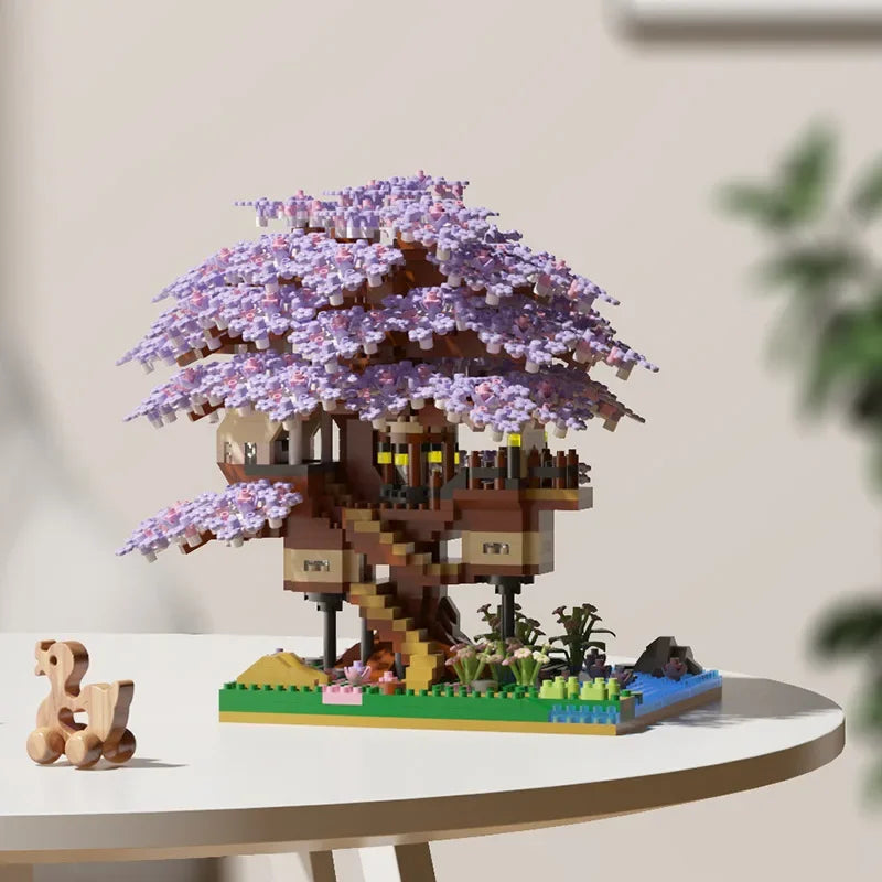 DIY Sakura Cherry Blossom Building Blocks Set with LED Light & Treehouse