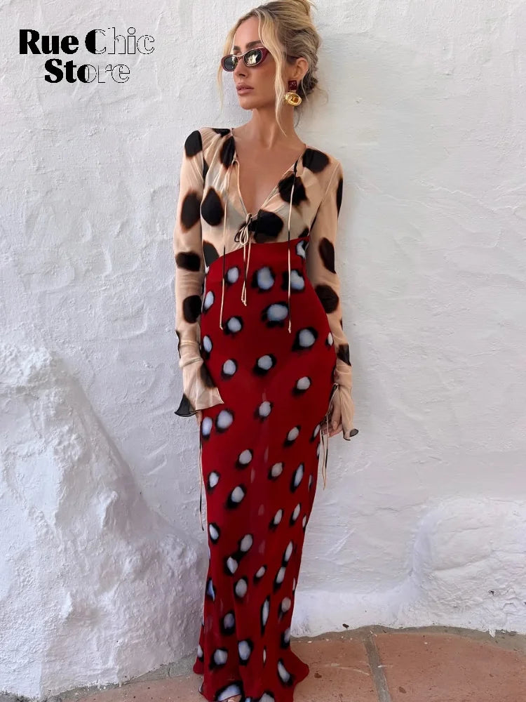 Mesh Polka Dot Flared Sleeve Slim Fit Casual Dress
