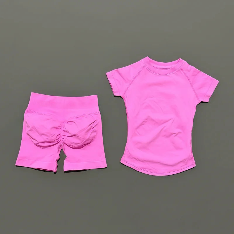 2 Pieces HISTELLO Sports Sets Short Sleeve Seamless Yoga Top Fitness Set Women Workout Running Sports Shorts Gym Suit