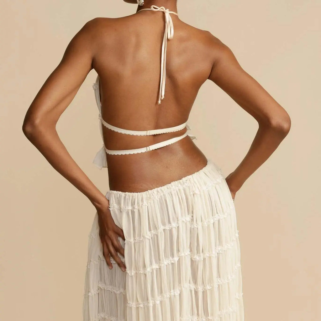 Boho Ruched Halter Cami & Maxi Skirt Set – Backless