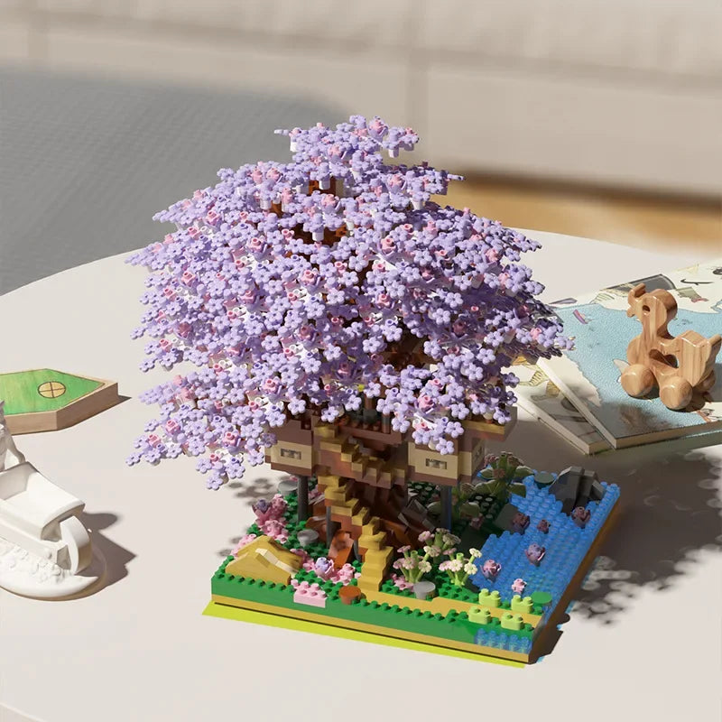 DIY Sakura Cherry Blossom Building Blocks Set with LED Light & Treehouse