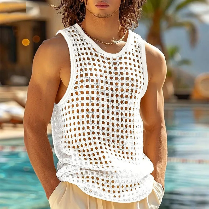 Men's Hollow Mesh Sleeveless Vacation Tank Top