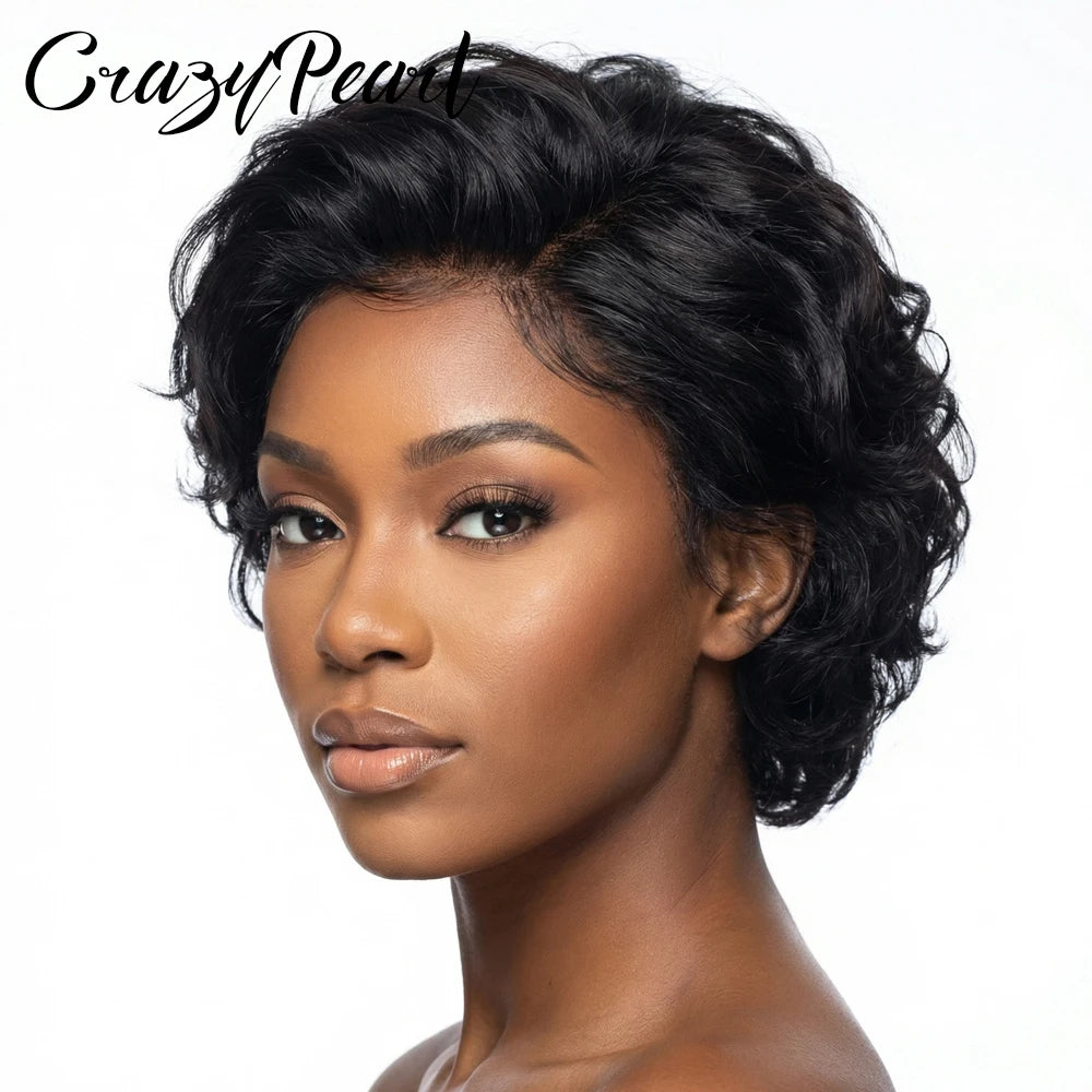 CrazyPearl 13X4 Lace Frontal Wig Pixie Cut Human Hair Short Curly Black Brazilian Remy Hair Natural Hairline for Black Women