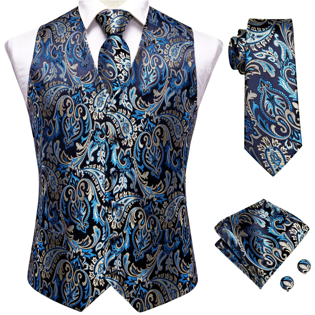 Wedding Purple Men Vest Paisley Floral Necktie Handkerchief Cufflinks Sets Blue Green Red Male Sleeveless V-Neck Waistcoat Party