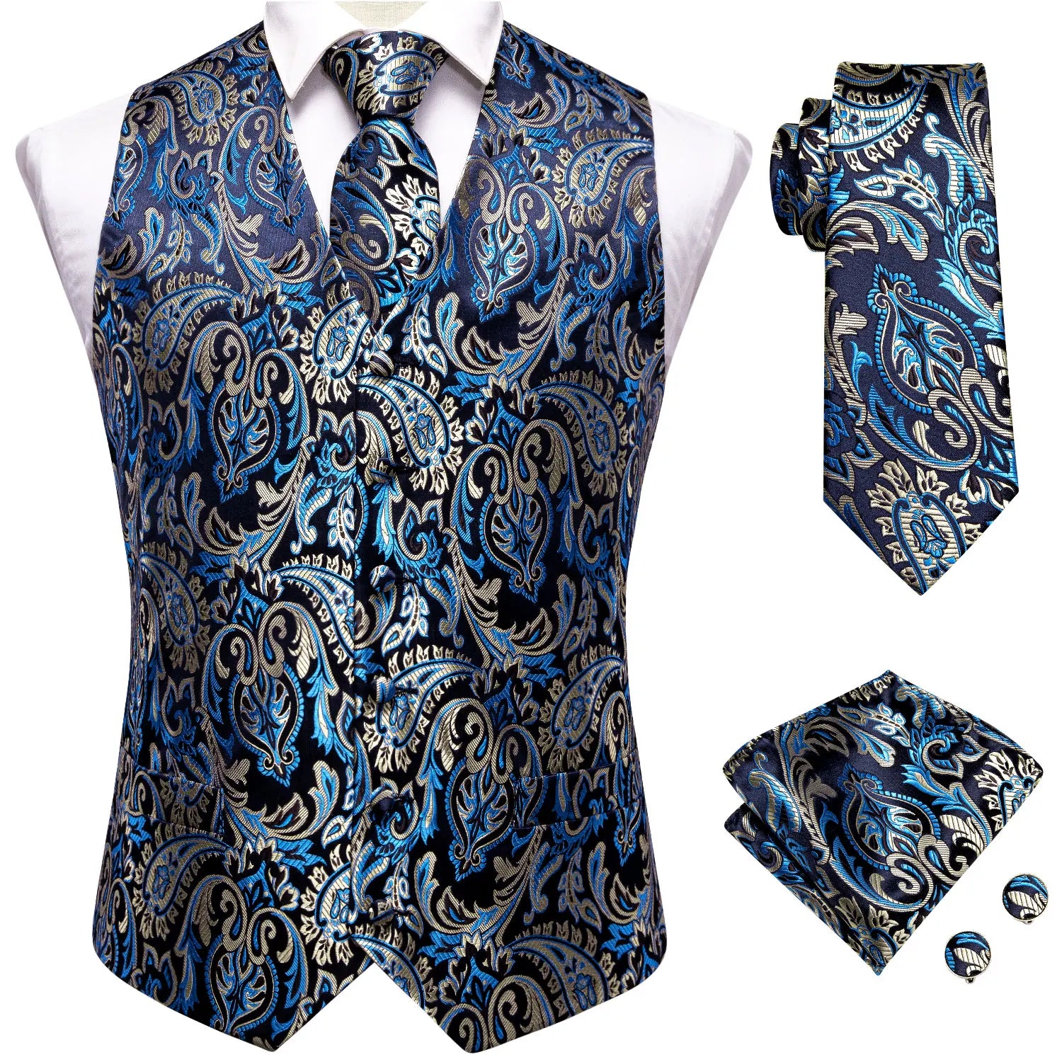 Wedding Purple Men Vest Paisley Floral Necktie Handkerchief Cufflinks Sets Blue Green Red Male Sleeveless V-Neck Waistcoat Party