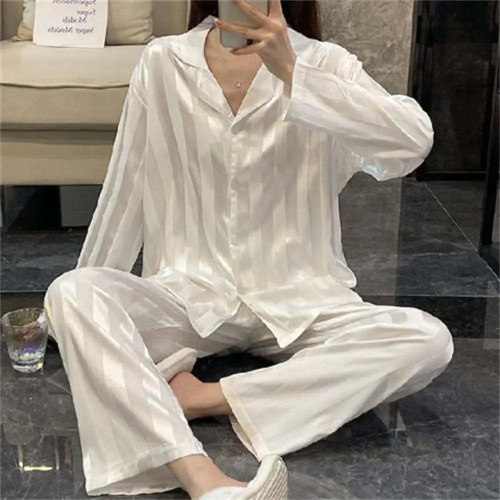 Women's Striped Silk Satin Pajama Set – Long Sleeve & Trousers