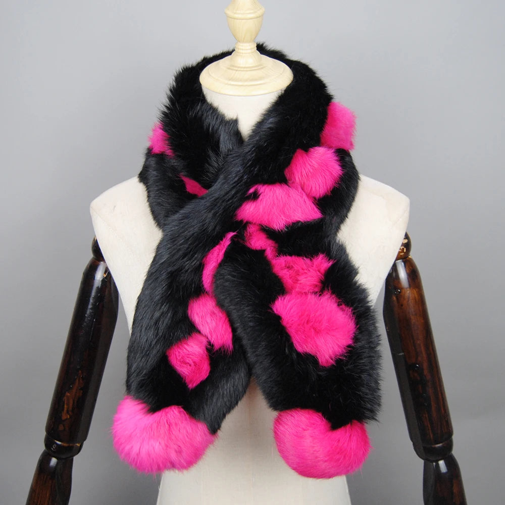 2026 New Arrival Winter Real Rabbit Fur Scarf Women Long Warm Genuine Rabbit Fur Scarves Female Knit Fluffy Pompoms Fur Scarves