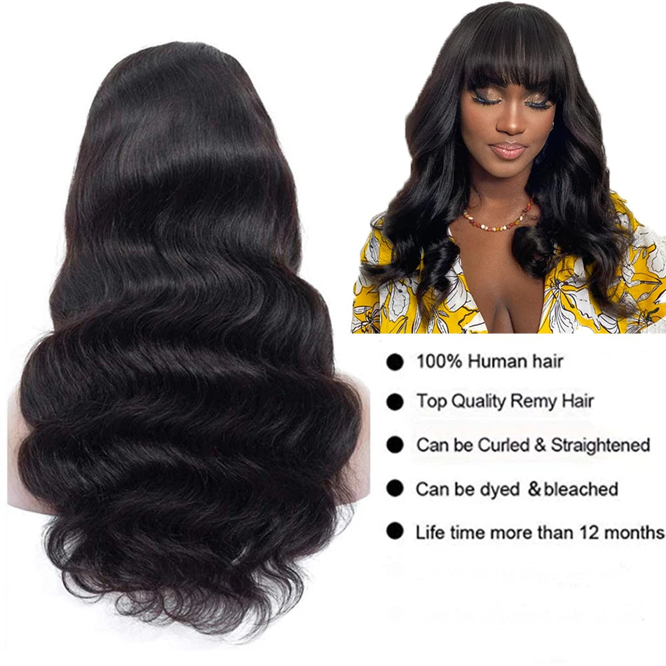 Glueless Body Wave Wig with Bangs – Brazilian Human Hair