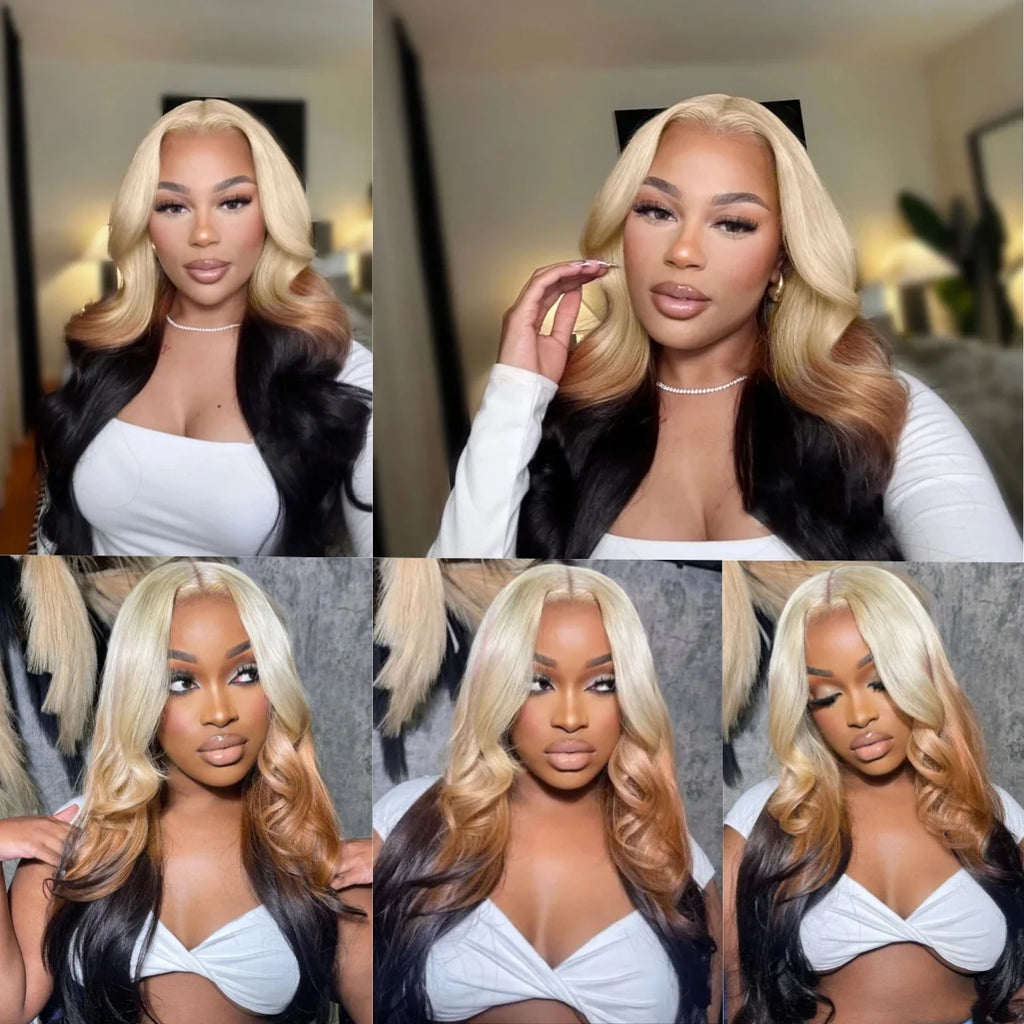 Ombre Blonde to Black 13X6 HD Lace Front Wig Synthetic Lace Frontal Wigs For Black Women Highlight Body Wave 30inch Lace Wig