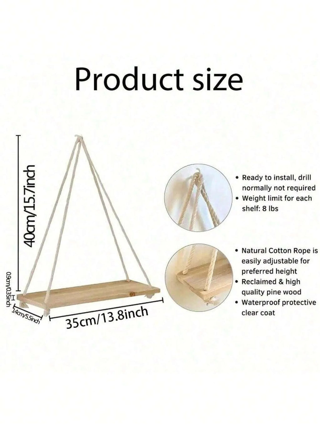 Wooden Hemp Rope Hanging Wall Shelf – Boho Home Decor