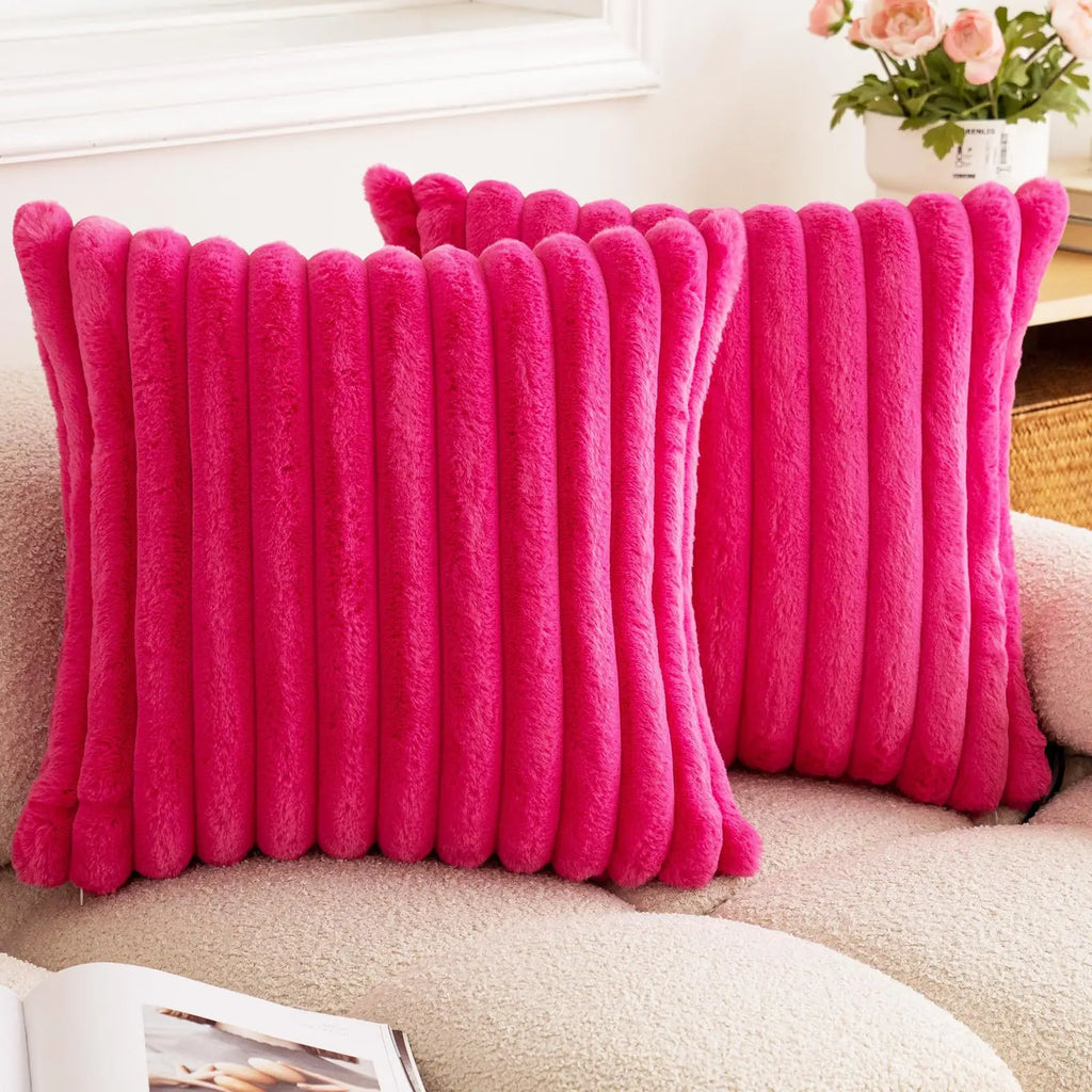 40x40 45x45 Faux Rabbit Fur Square Cushion Cover New Big Thick Striped Super Soft Solid Color Pillow Cover Sofa Decor Pillowcase