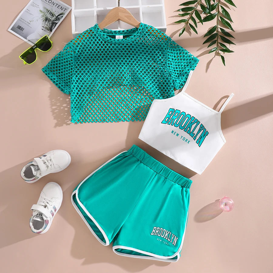 Girls' Summer 3-Piece Set – Mesh Tee, Suspender & Shorts
