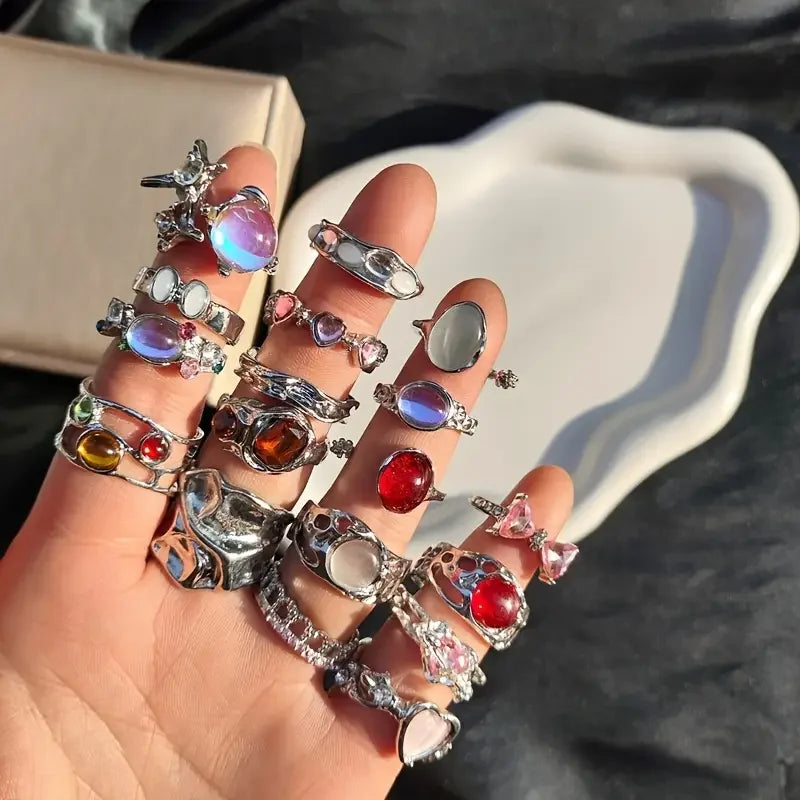 10/20/30Pieces Fashion Imitation Pearl Flower Open Rings Set For Women Mix Style Colorful Rhinestone Finger Jewelry
