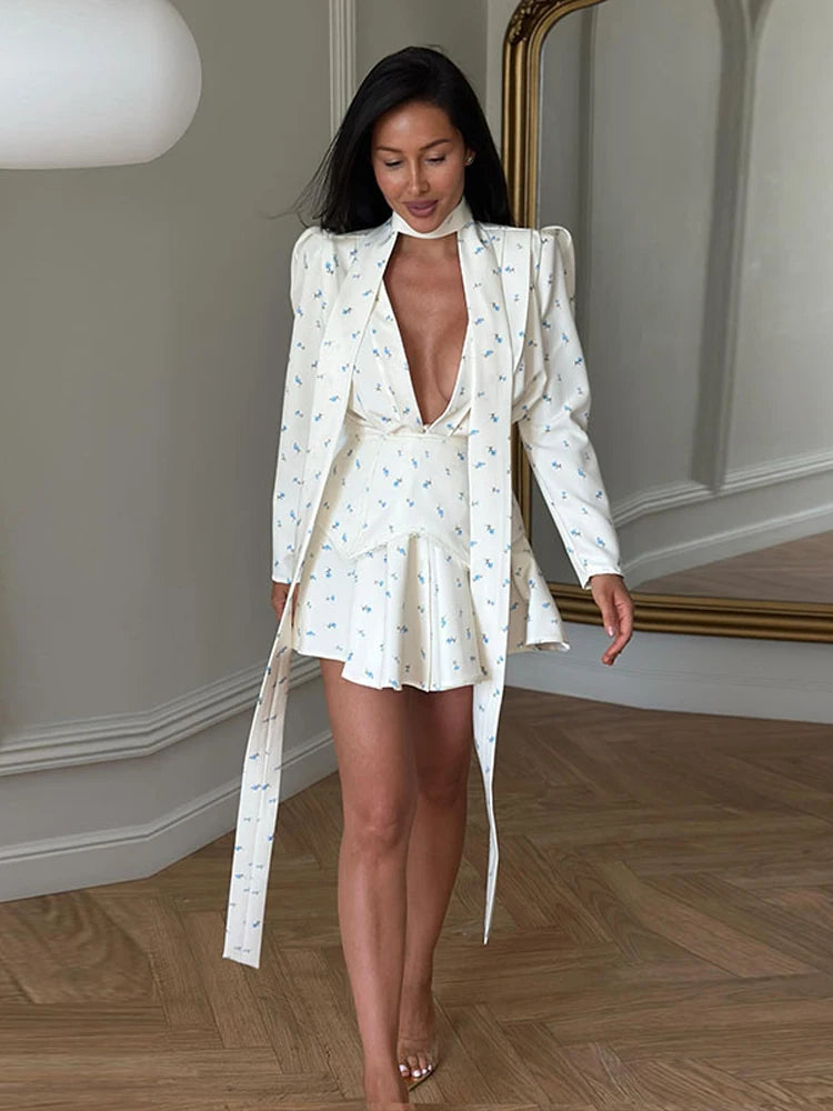 Floral Puff-Sleeve Choker-Tie Mini Dress