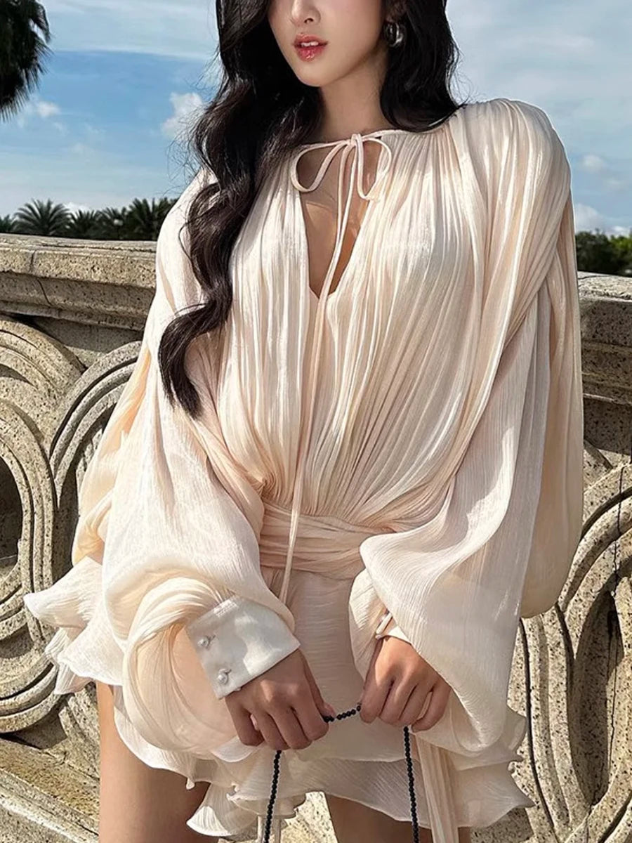 Loose Lace-Up V-Neck Ruffle Tunic Dress – Long Sleeve