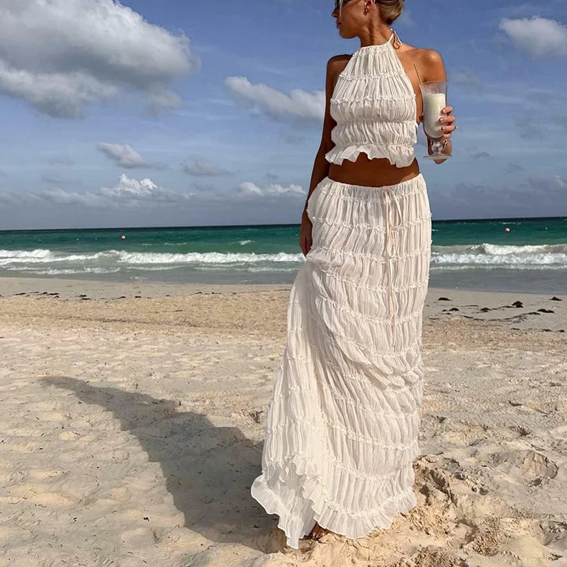 Boho Ruched Halter Cami & Maxi Skirt Set – Backless