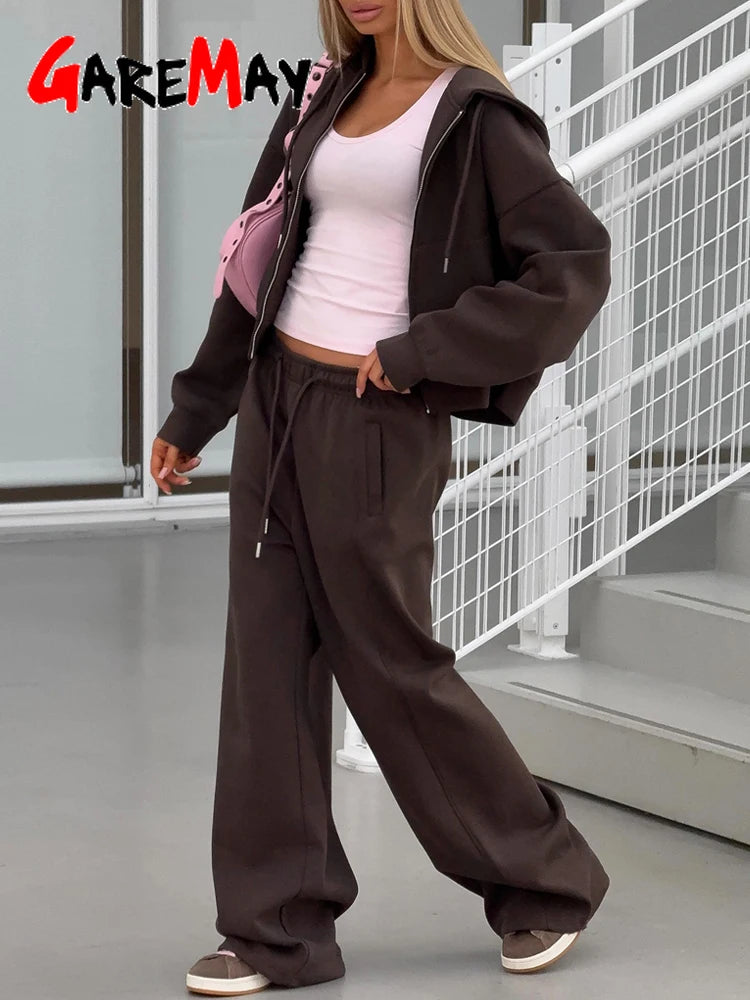 Women's Hooded Zip Tracksuit & Wide-Leg Trouser Set