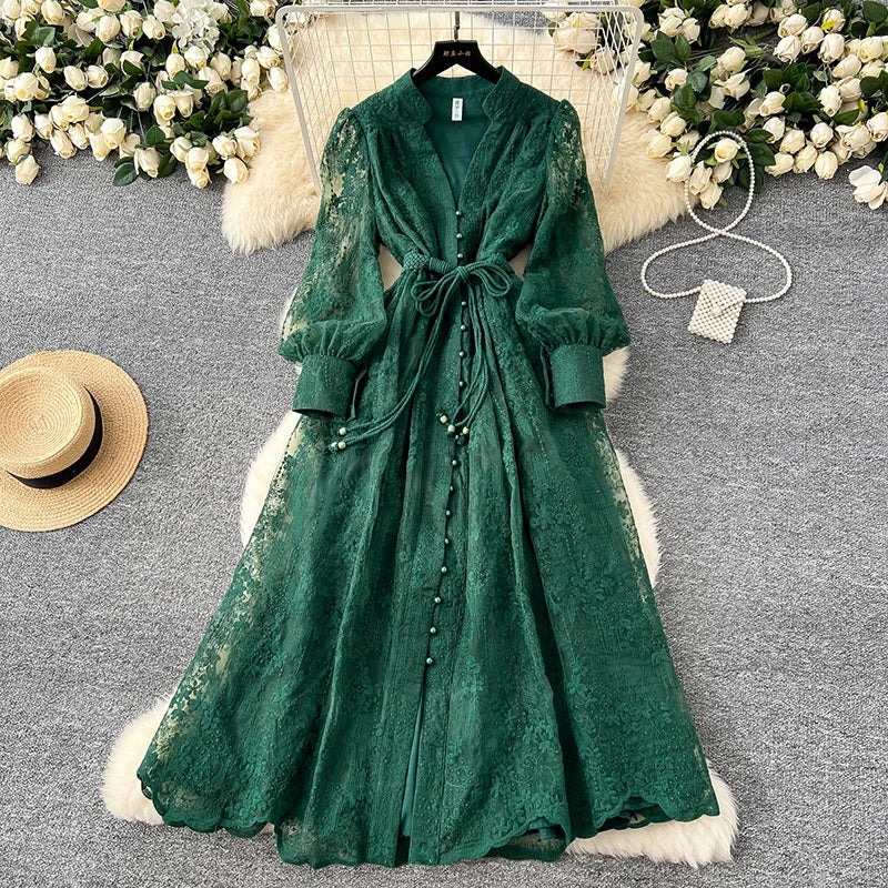 French Lace Embroidery V-Neck Lantern Sleeve Party Dress