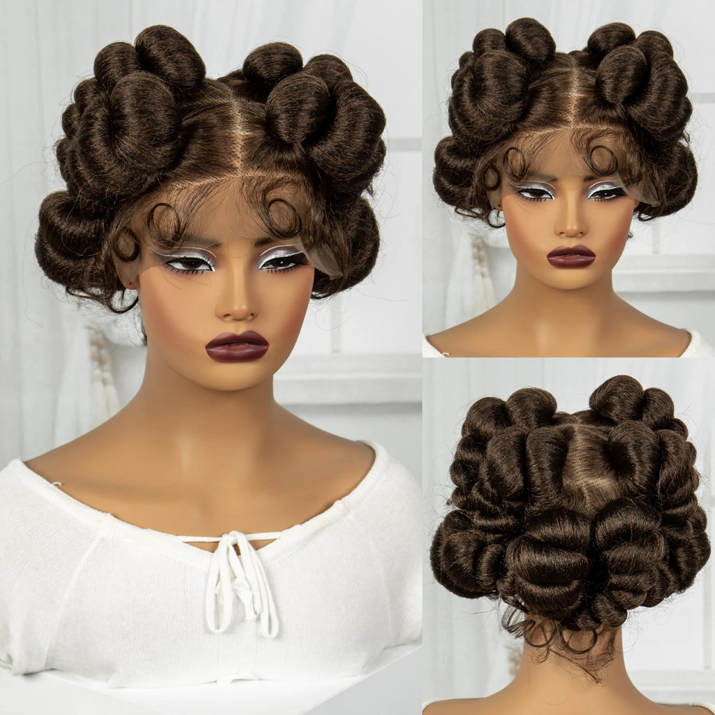 Natural Color 6Inch Transparent Full Lace Braided Wigs Short Cute Handmade Bantu Synthetic Braided Lace Wigs Knotless Braids Wig