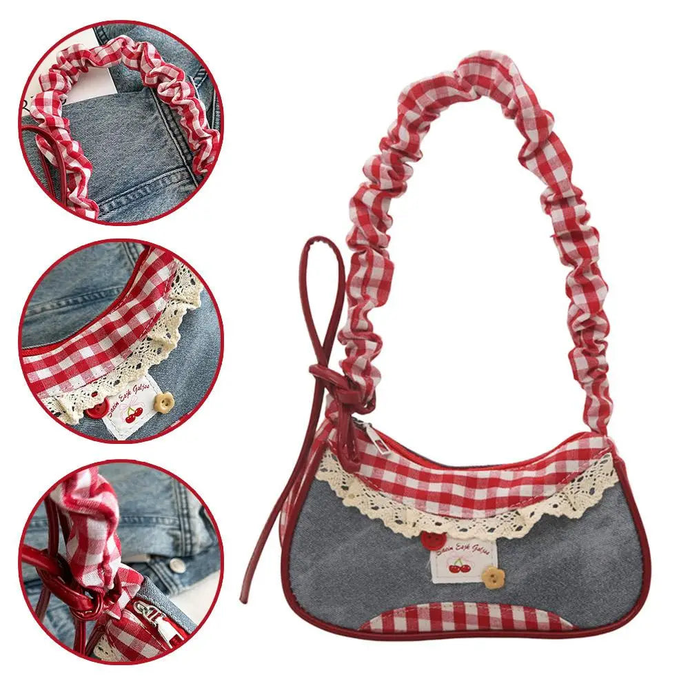Grid Fabric Shoulder & Underarm Bag – Lace Ribbon Strap