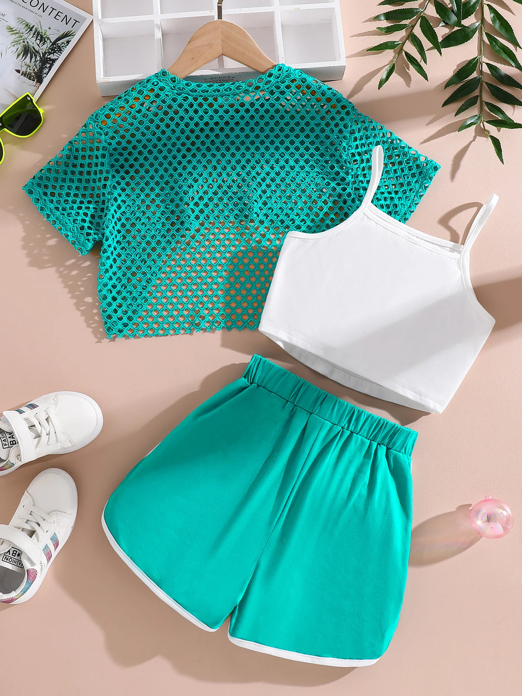 Girls' Summer 3-Piece Set – Mesh Tee, Suspender & Shorts