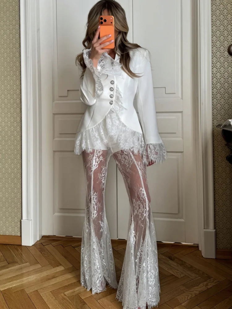 White Lace Embroidery Pant Suit Women Stand Neck Sleeveless Hollow-out Waist Cinching See Through Set Lady Summer Sheer Outfit