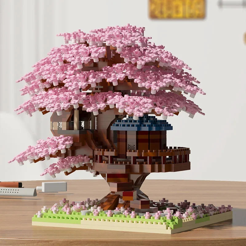 DIY Sakura Cherry Blossom Building Blocks Set with LED Light & Treehouse