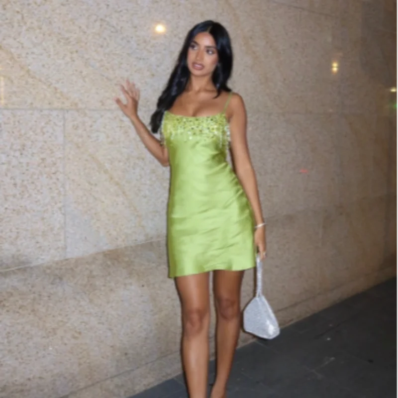 Sequin Tassel Beach Mini Dress Women Satin Spaghetti Straps Square Neck Party Clubs Short Skirt 2026 NEW Summer Vacation Dresses
