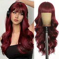Red Wine Color Synthetic Wig with Long Curly Hair and Bangs for Daily Party Use. Made of High-Temperature Hair Fiber.