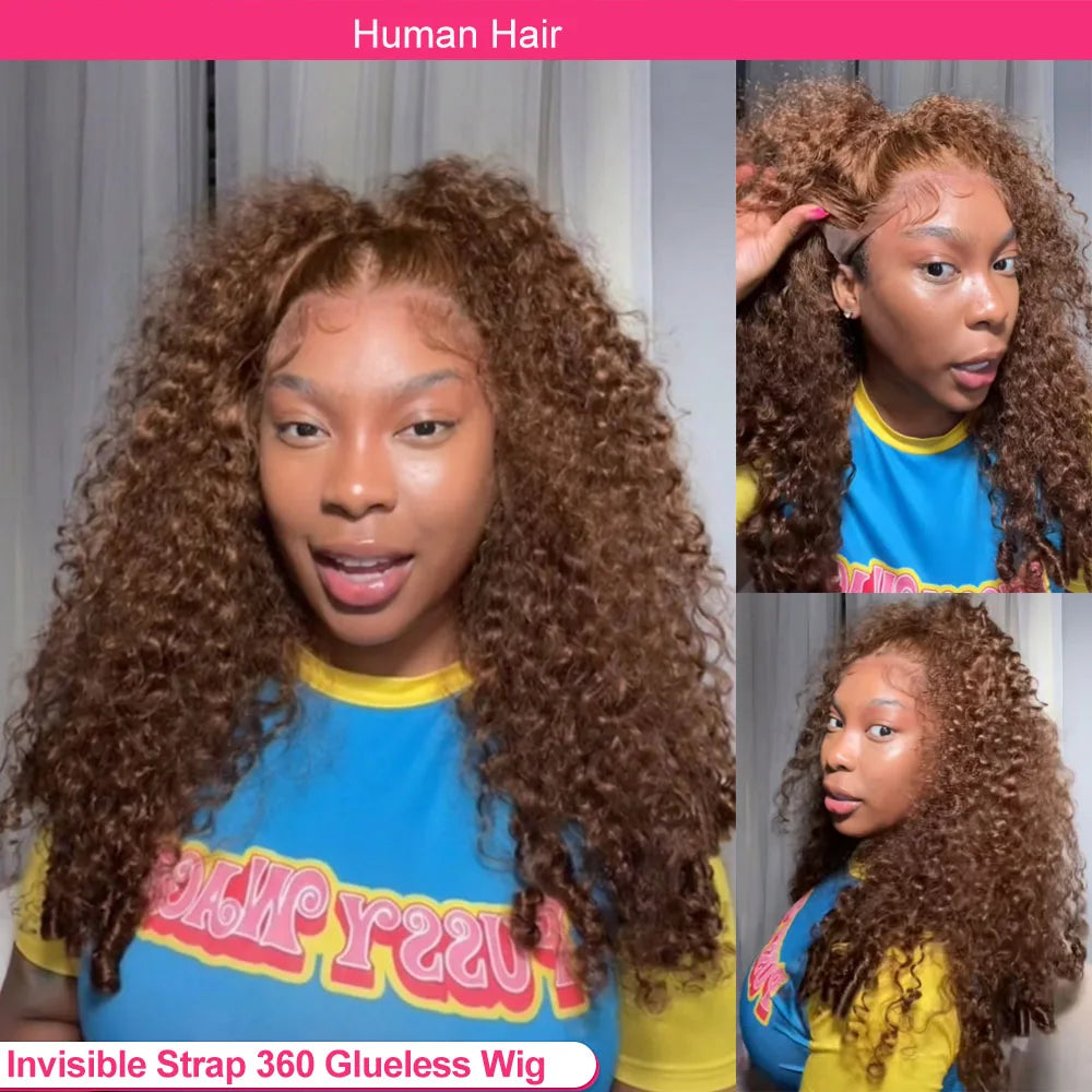 Chocolate Brown Burmese Curly Human Hair Wig Glueless Wig Invisible Drawstring 360 HD Full Lace Front Wig Human Hair Lace Wigs