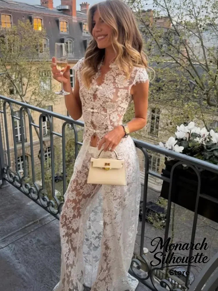 White Lace Embroidery Pant Suit Women Stand Neck Sleeveless Hollow-out Waist Cinching See Through Set Lady Summer Sheer Outfit